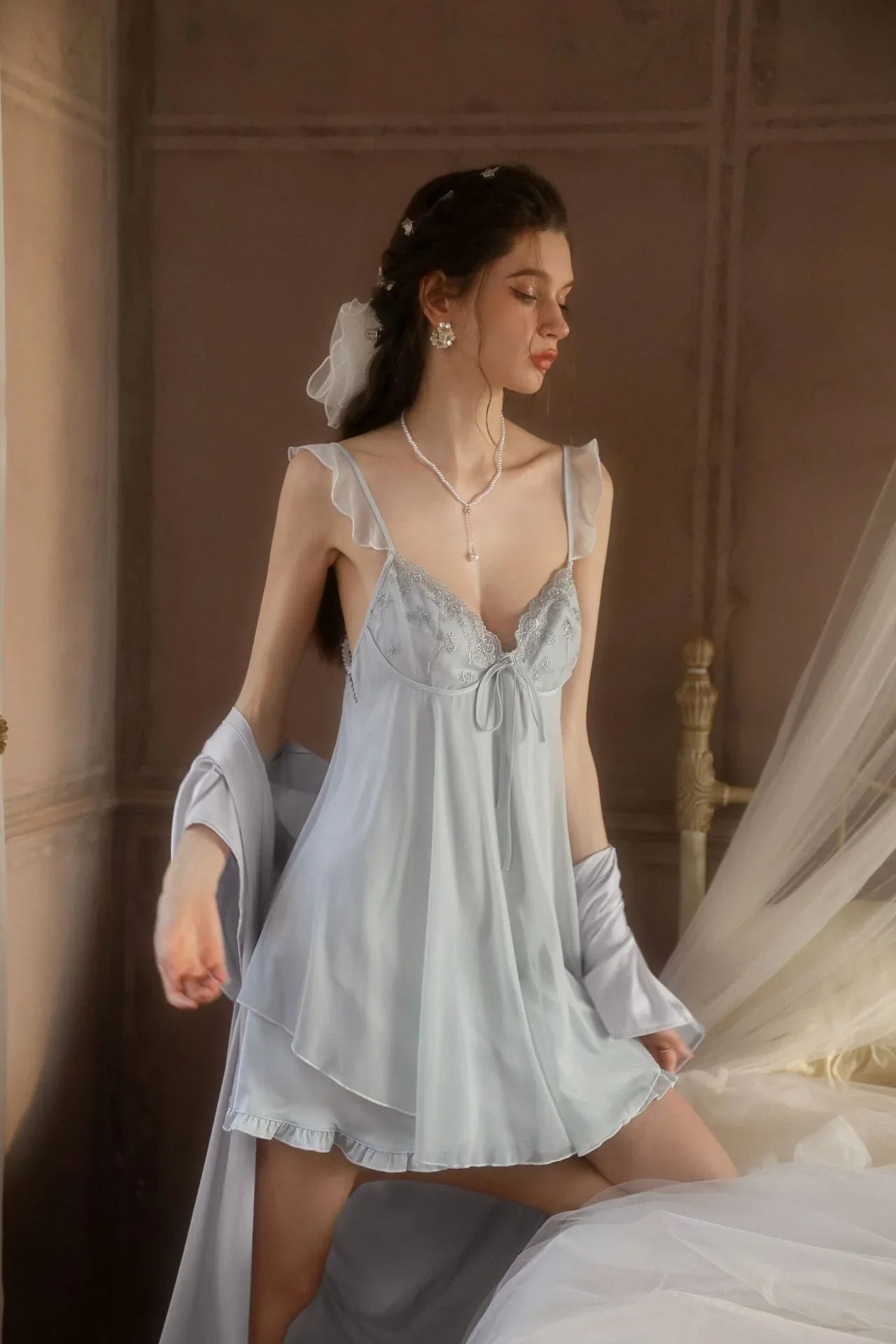 Celestial Silver Satin Lace Nightgown - WEUXS