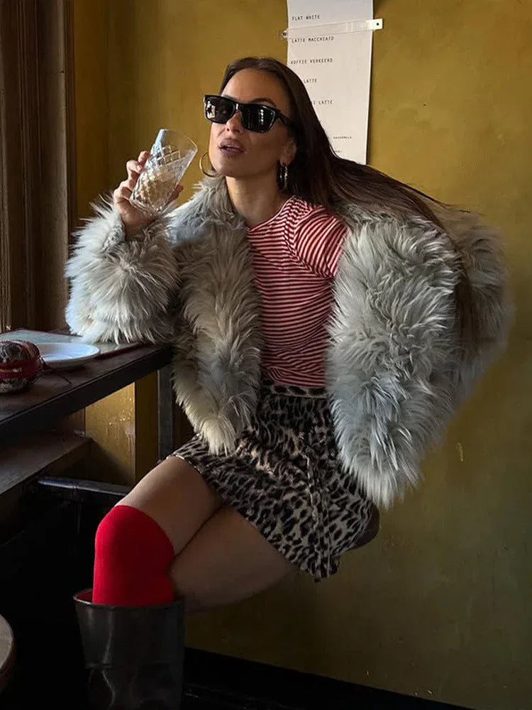 Silver Grey Shaggy Faux Fur Cropped Jacket - WEUXS