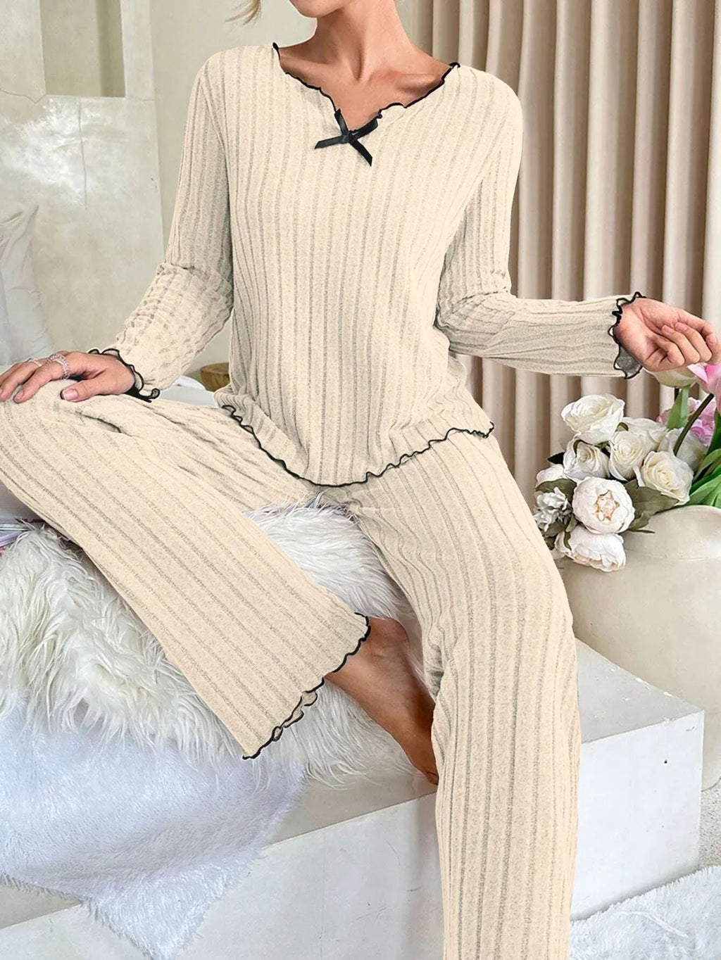 Ribbed Pajama Set with Contrast Trim and Bow - View 7 | WEUXS