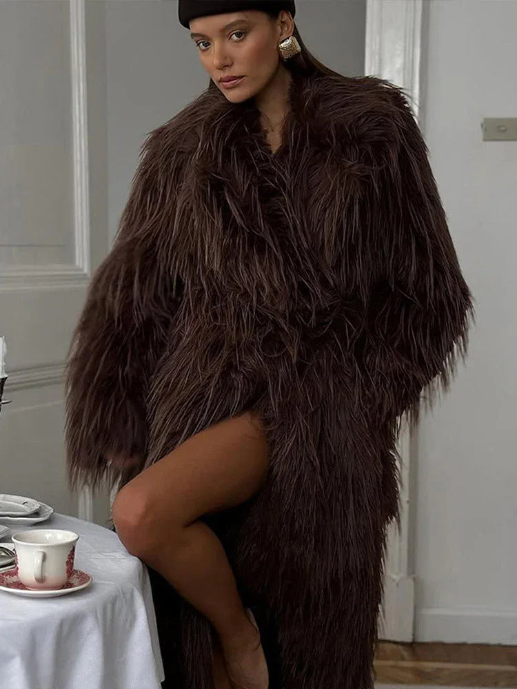 Luxe Espresso Shaggy Faux Fur Long Coat - WEUXS