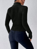 Back view of a black fitted turtleneck shirt