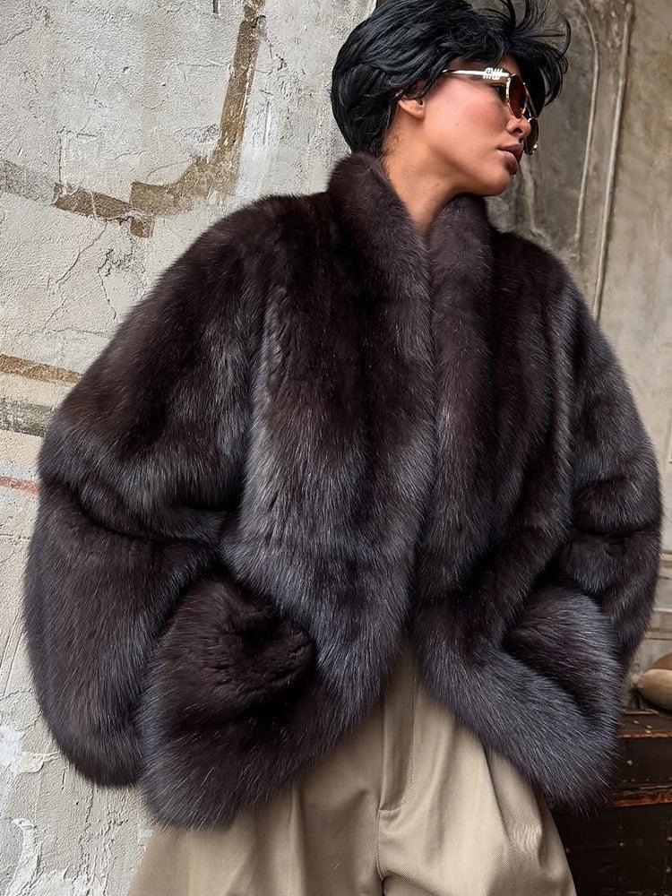 Sophisticated Deep Charcoal Plush Faux Fur Coat - WEUXS