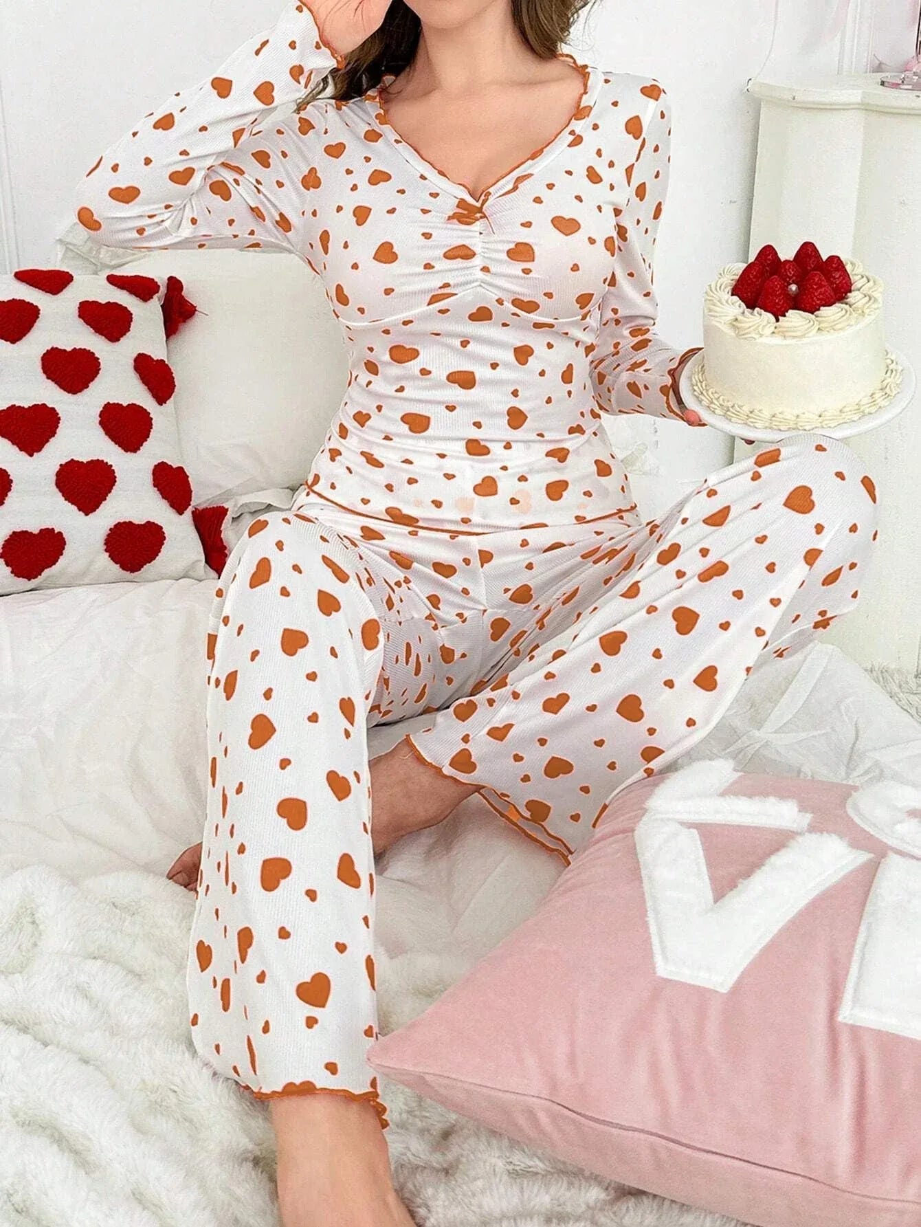 Ribbed Heart Print Pajama Set - View 24 | WEUXS