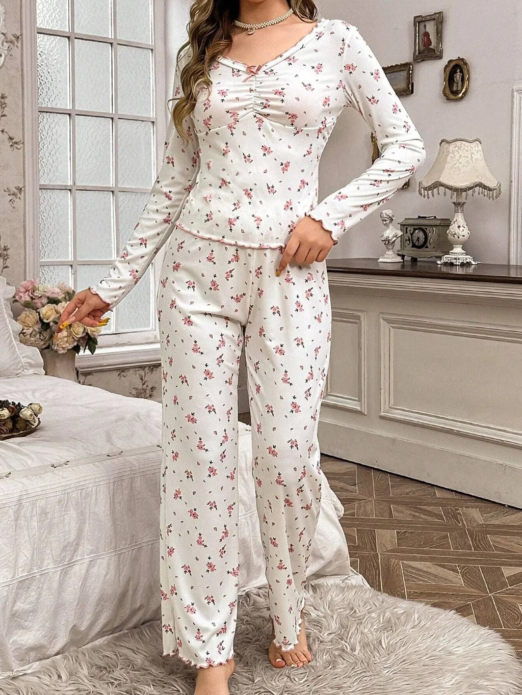 Ribbed knit pajama set with floral print - View 11 | WEUXS