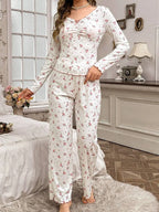 Ribbed knit pajama set with floral print - View 11 | WEUXS