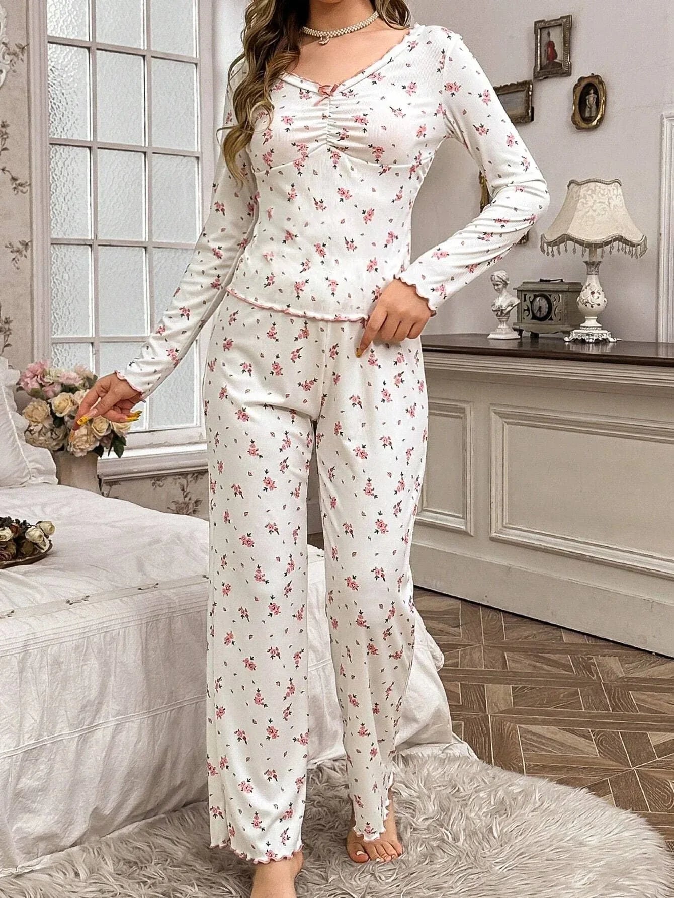 Ribbed knit pajama set with floral print - View 11 | WEUXS