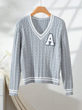 Grey cable knit V-neck sweater with white contrast trim and chenille letter patch - View 6 | WEUXS