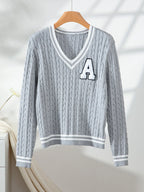 Grey cable knit V-neck sweater with white contrast trim and chenille letter patch - View 6 | WEUXS
