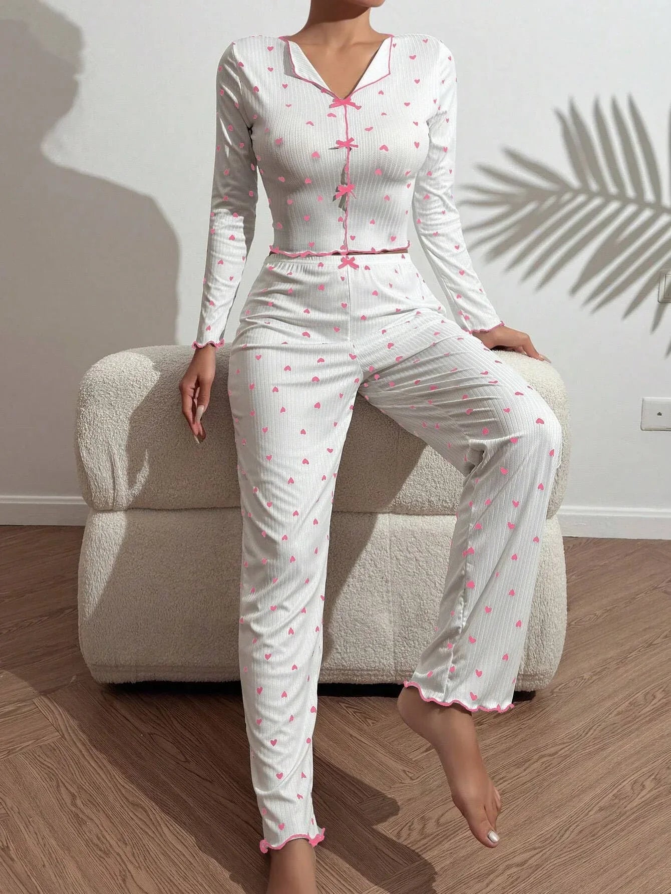 Ribbed heart print pajama set - View 11 | WEUXS