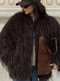 Luxe Espresso Shaggy Faux Fur Round Neck Jacket - WEUXS