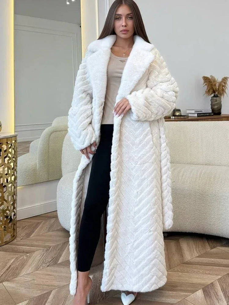Chevron Faux Fur Maxi Coat - View 9 | WEUXS