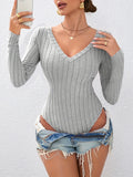 Heather Grey Soft Ribbed Knit V-Neck Long Sleeve Bodysuit - WEUXS