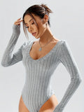 Heather Grey Deep V-Neck Ribbed Knit Bodysuit - WEUXS