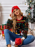 Woman wearing a black knit sweater with a Santa Claus playing guitar and a reindeer graphic, surrounded by musical notes and trees. The sweater has a red crew neck and white cuffs and hem, with a red beanie.