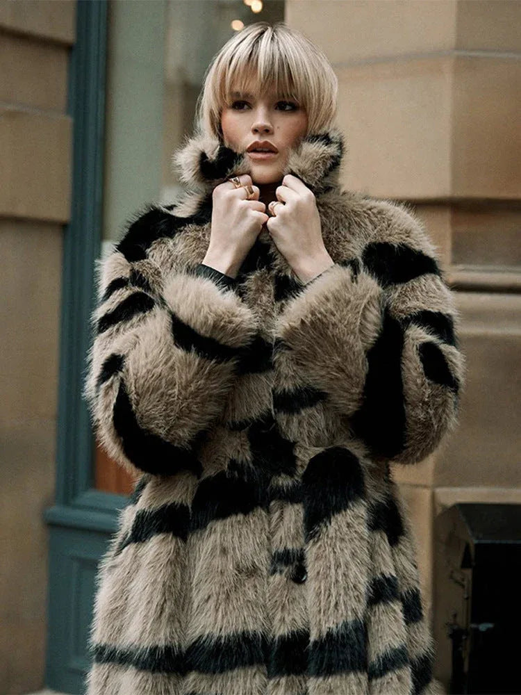 Vintage Zebra Stripe Faux Fur Long Coat - WEUXS