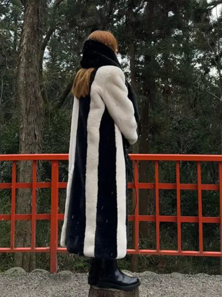 Avant-Garde Black & White Vertical Stripe Faux Fur Maxi Coat - WEUXS