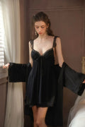 Black Ruffled Satin Slip Dress & Robe Set - WEUXS
