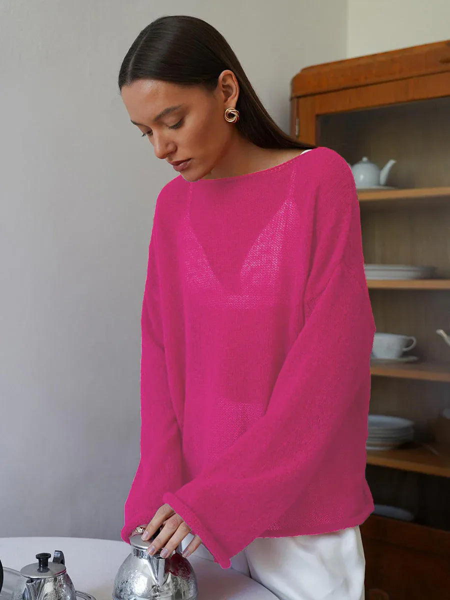 Oversized knit pullover sweater with boat neckline - View 24 | WEUXS