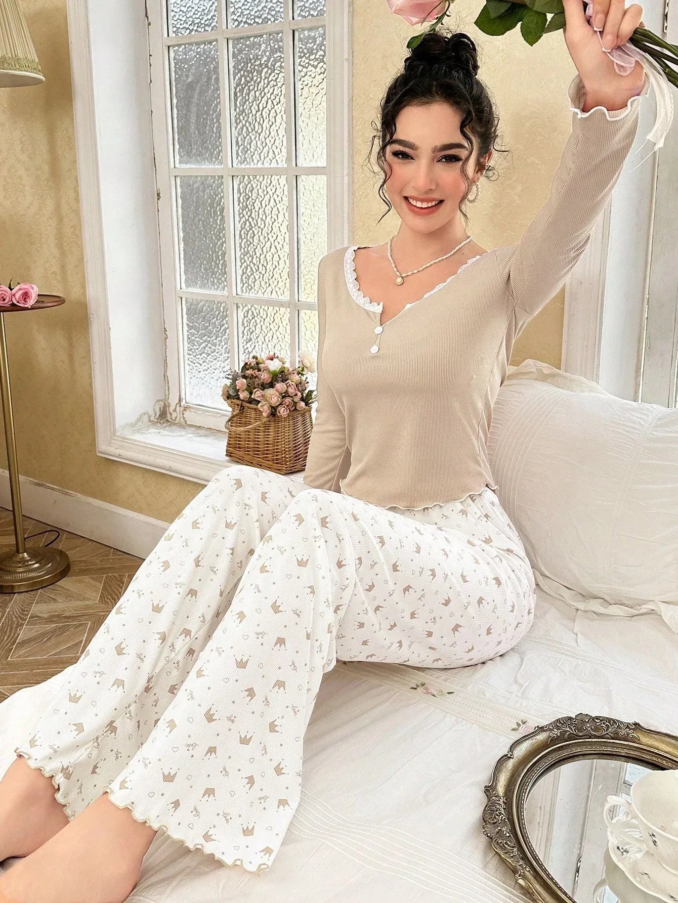 Ribbed Henley Pajama Set with Crown Print - View 14 | WEUXS
