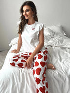 Heart Print Pajama Set with Ruffle Sleeves - View 16 | WEUXS