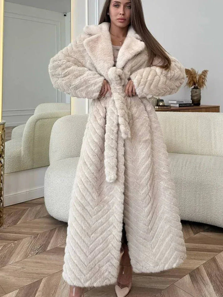 Chevron Faux Fur Maxi Coat - View 12 | WEUXS