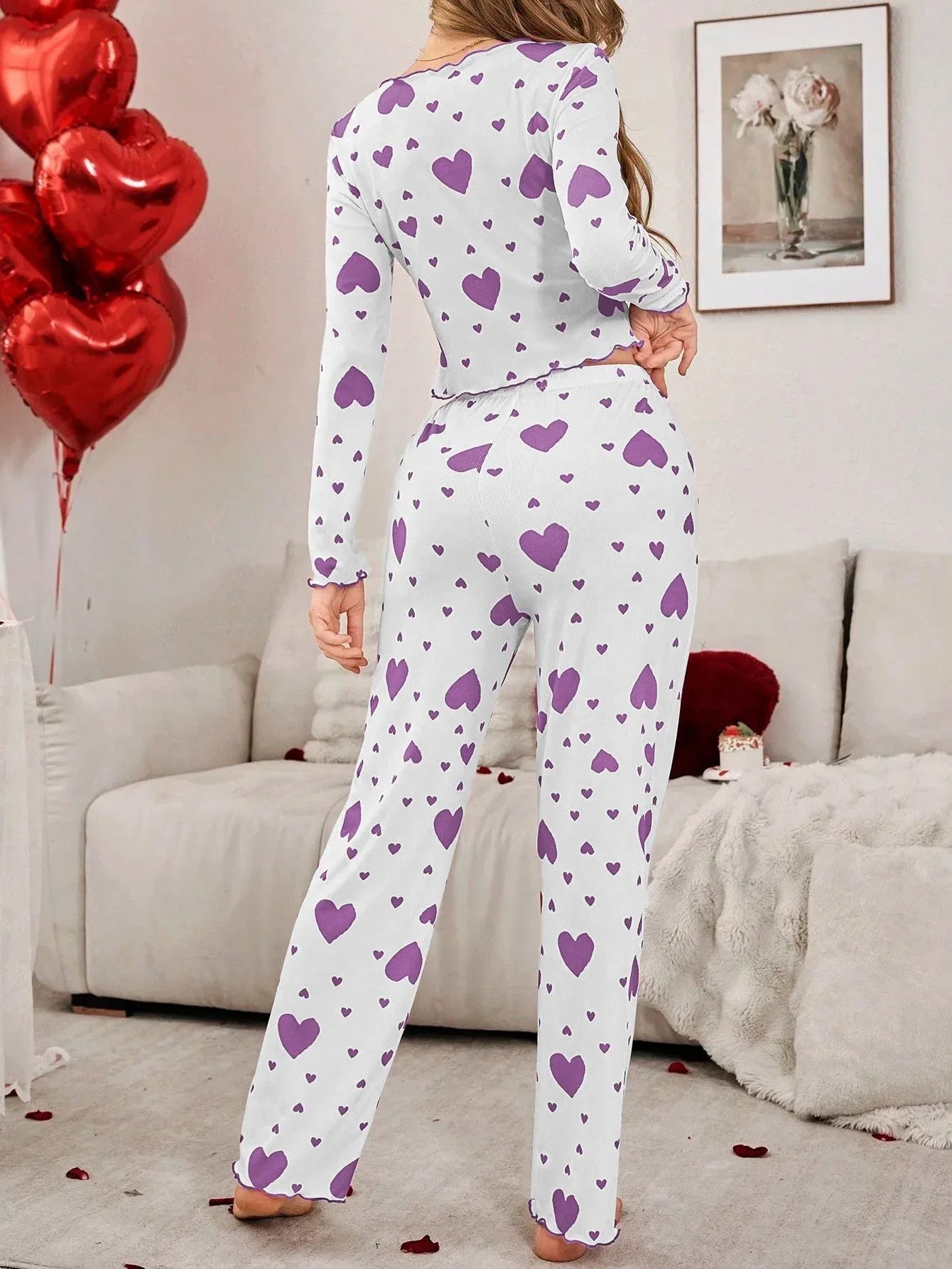 Ribbed heart print pajama set - View 32 | WEUXS