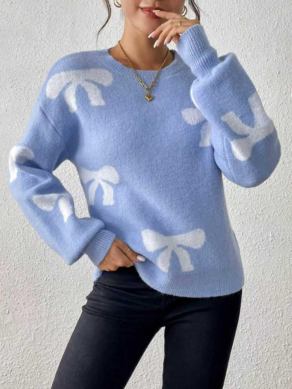 Pink knit sweater with all-over bow pattern - View 8 | WEUXS