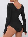 Heather Grey Soft Ribbed Knit V-Neck Long Sleeve Bodysuit - WEUXS