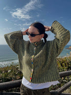 Close-up of the multi-colored buttons on a chevron knit cardigan