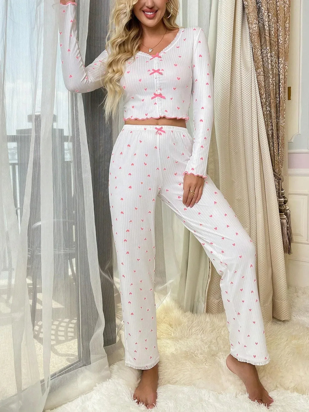 Ribbed pajama set with heart print and bows - View 23 | WEUXS