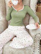 Ribbed Henley Pajama Set with Crown Print - View 24 | WEUXS
