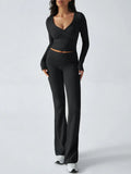 V-Neck Crop Top and Fold-Over Flare Pants Set - View 37 | WEUXS
