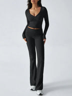 V-Neck Crop Top and Fold-Over Flare Pants Set - View 37 | WEUXS