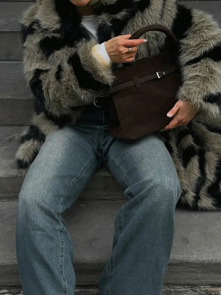 Vintage Zebra Stripe Faux Fur Long Coat - WEUXS