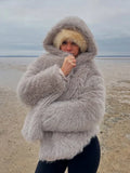 Grey faux fur hooded cropped coat - View 10 | WEUXS