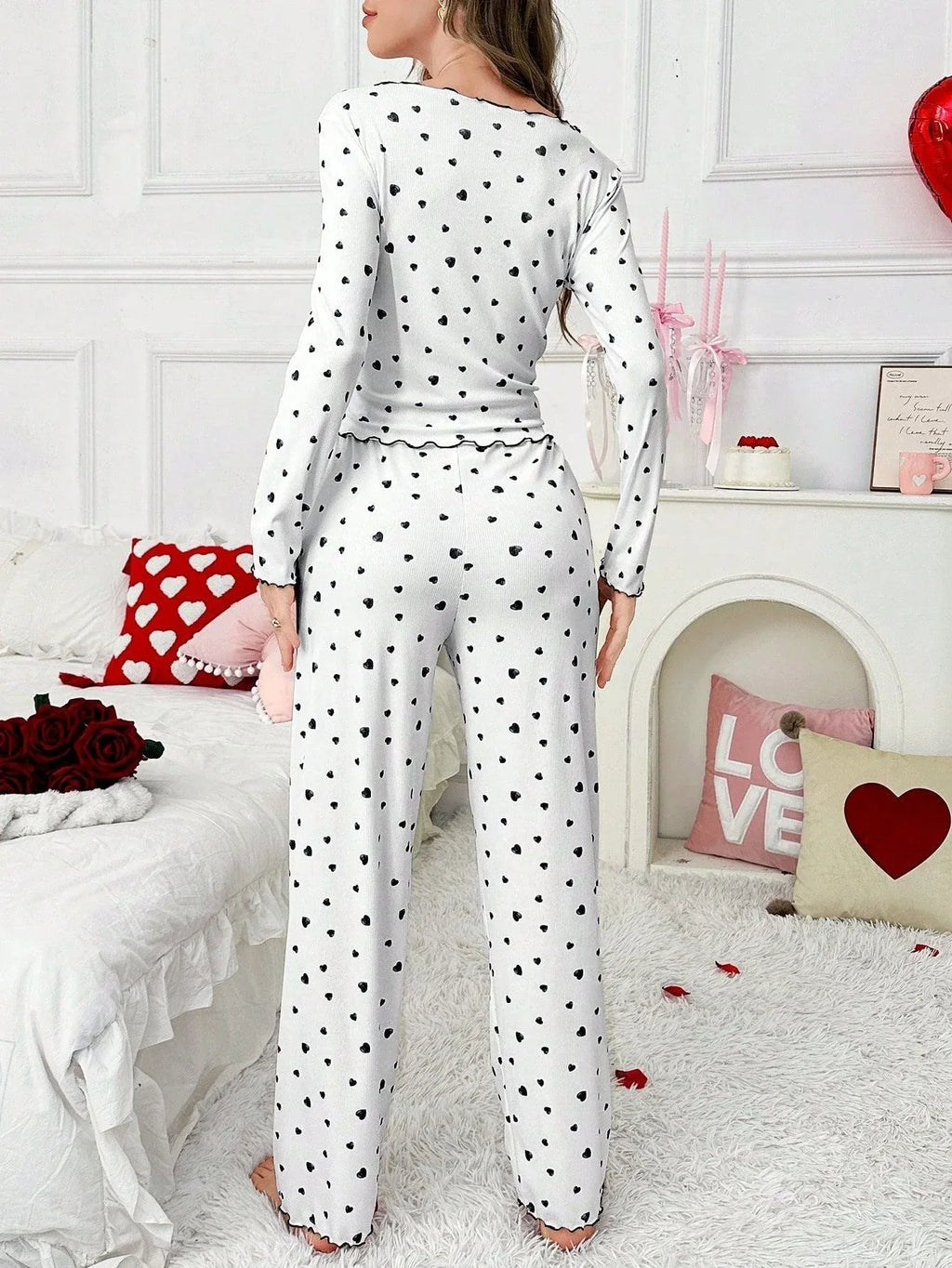 Ribbed pajama set with heart print and decorative bows - View 8 | WEUXS