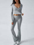 V-Neck Crop Top and Fold-Over Flare Pants Set - View 34 | WEUXS