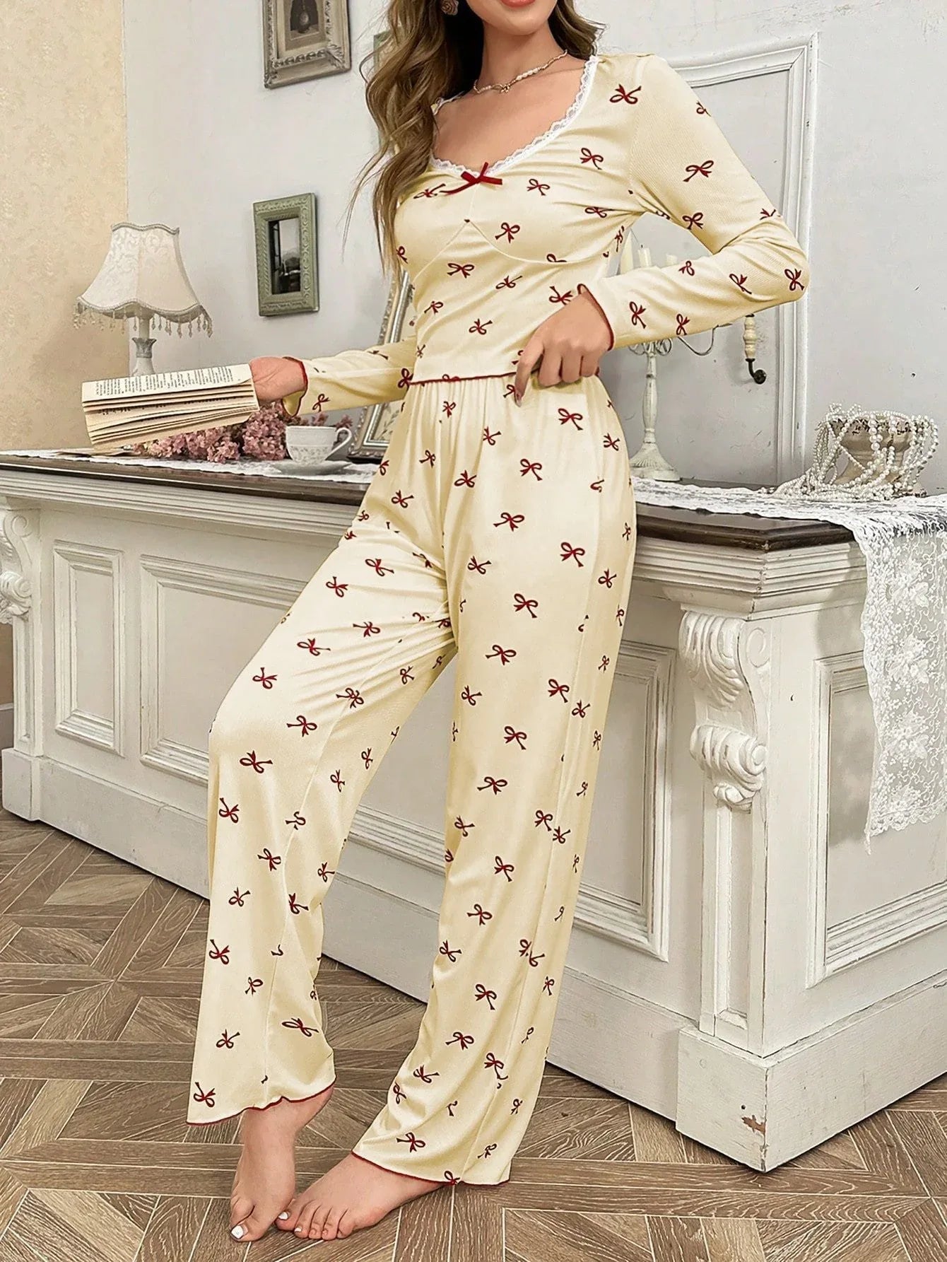 Ribbed pajama set with bow print - View 13 | WEUXS