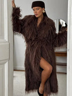 Luxe Espresso Shaggy Faux Fur Long Coat - View 10 | WEUXS