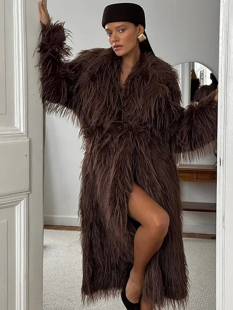 Luxe Espresso Shaggy Faux Fur Long Coat - WEUXS