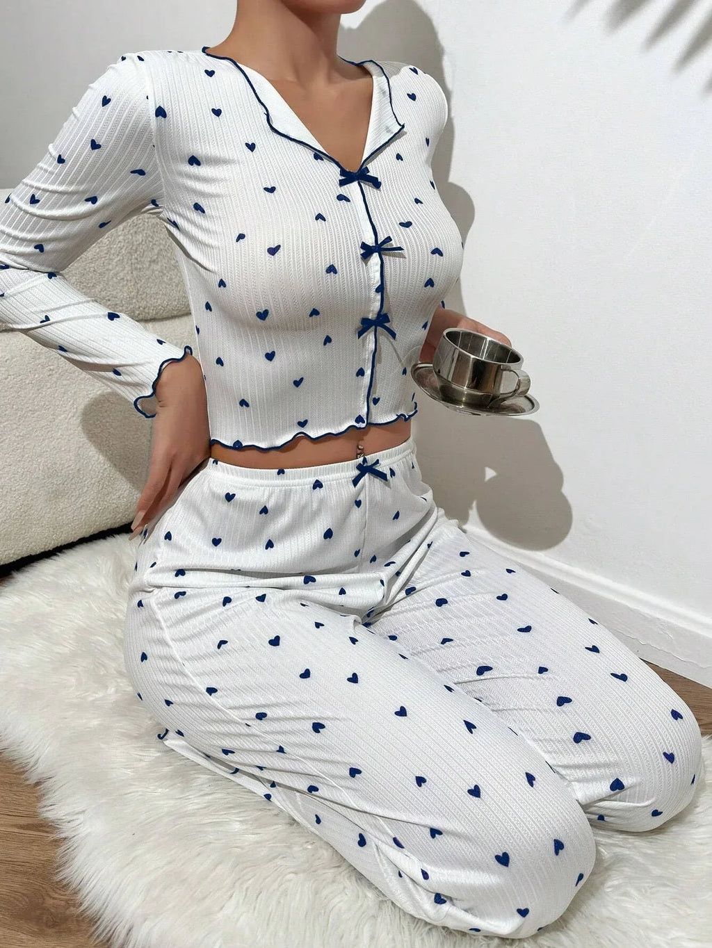Ribbed Heart Print Pajama Set - View 20 | WEUXS