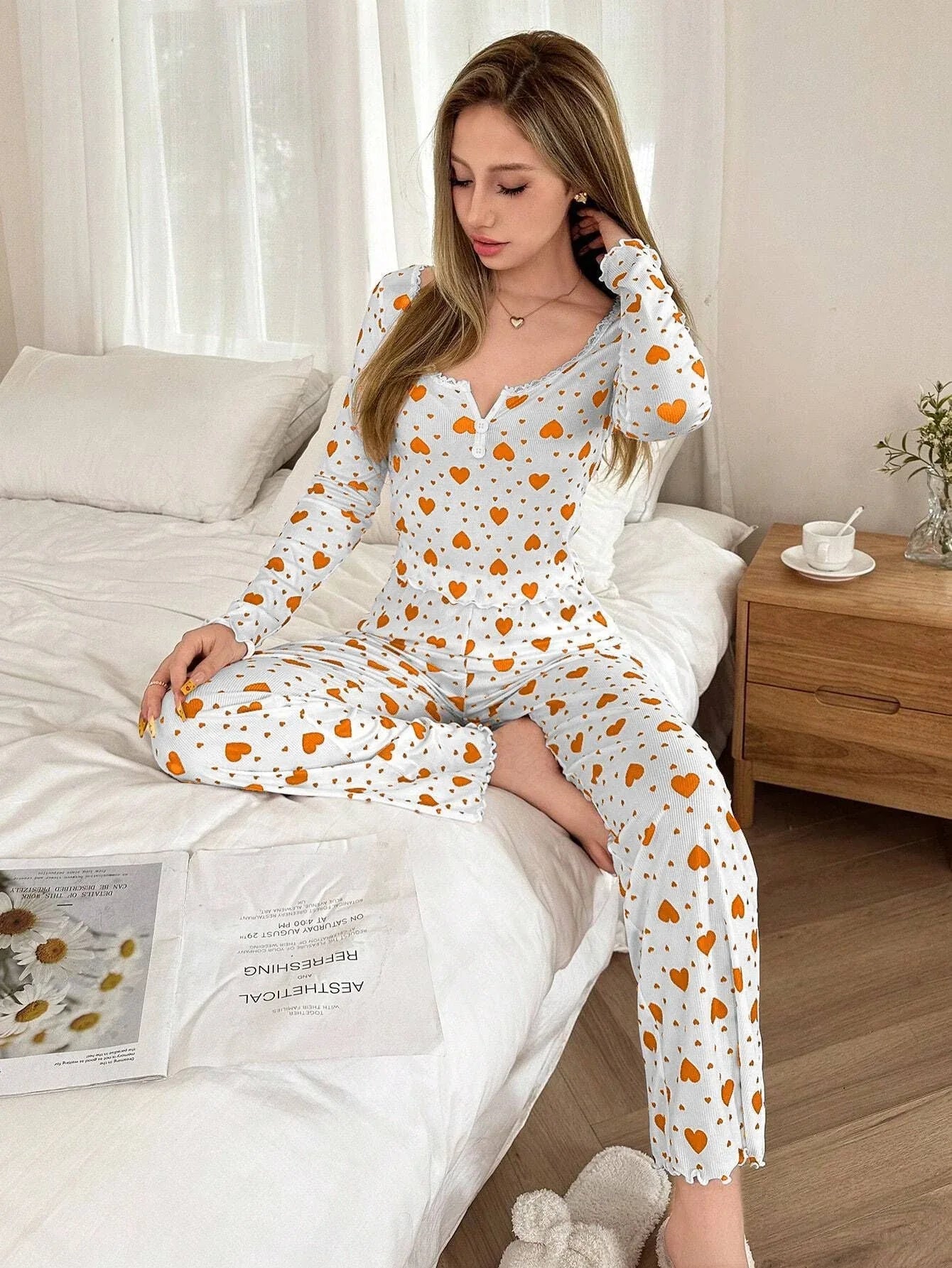 Ribbed Heart Print Pajama Set - View 9 | WEUXS