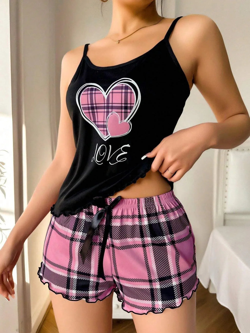 Plaid Heart Print Cami & Shorts Loungewear Set - View 7 | WEUXS