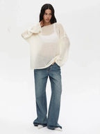 Oversized knit pullover sweater with boat neckline - View 11 | WEUXS
