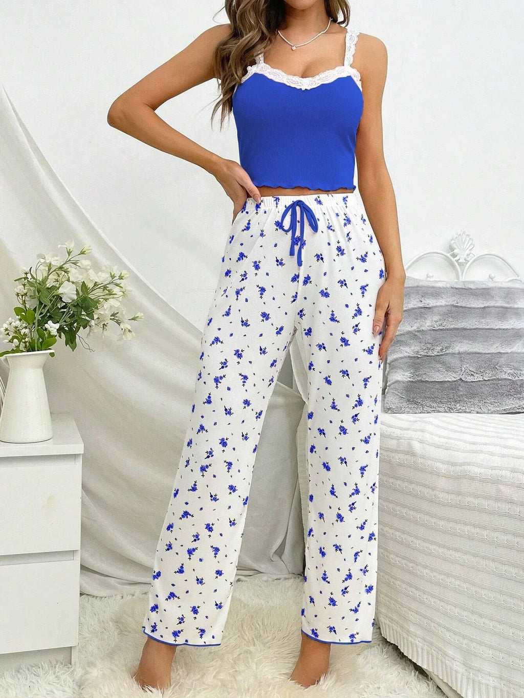 Pink Ribbed Cami & Floral Pants Pajama Set - WEUXS