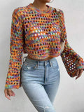 Crochet knit crop top with rainbow gradient and bell sleeves - View 6 | WEUXS