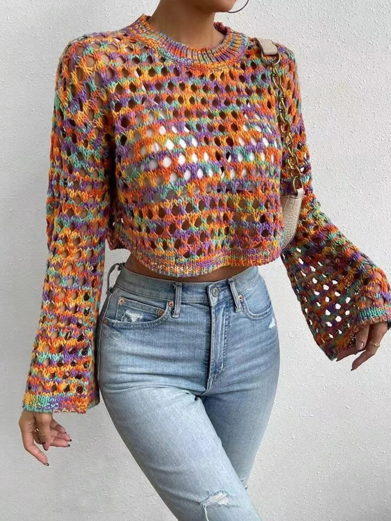 Crochet knit crop top with rainbow gradient and bell sleeves - View 6 | WEUXS
