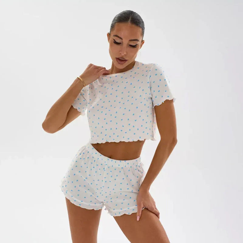 Ditsy Heart Print Ribbed Tee & Shorts Set - View 30 | WEUXS