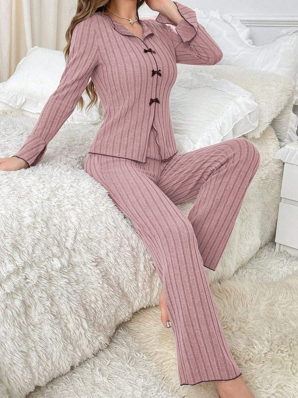 Ribbed pajama set with bow details - View 24 | WEUXS