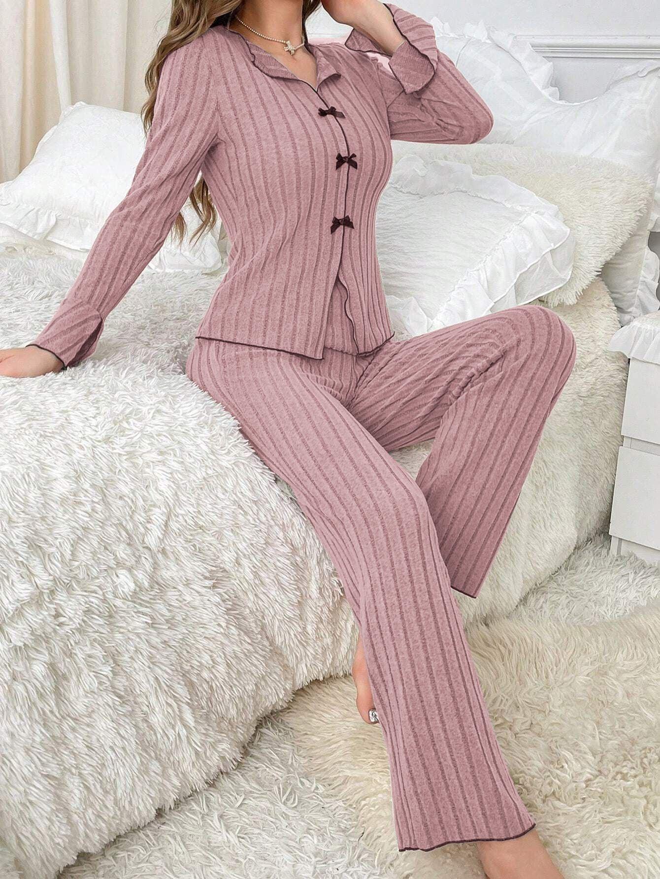 Ribbed pajama set with bow details - View 24 | WEUXS